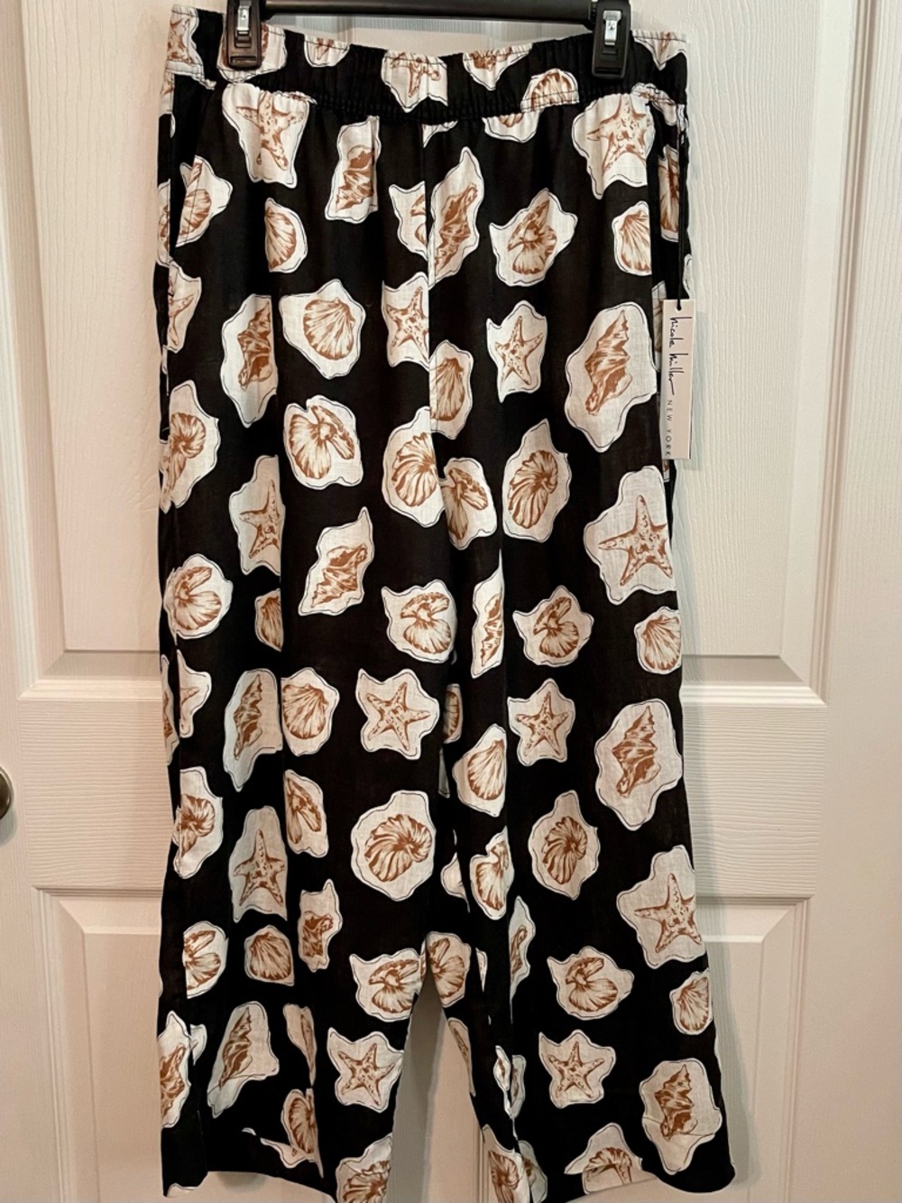 NWT NICOLE MILLER Black Shell Print Wide Leg LINEN Capri Pants MISSES LARGE